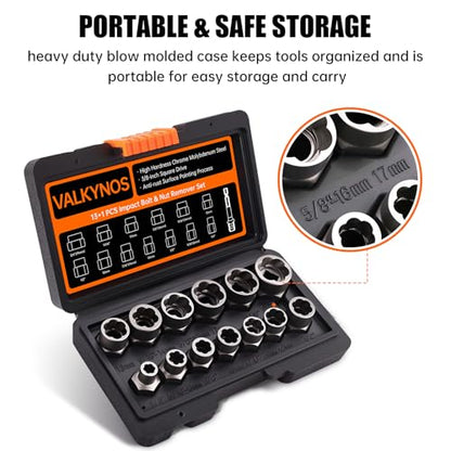 Valkynos Bolt Extractor Kit 14 Pcs | Hex Drive, Cr-Mo Steel, Stripped Removal Set, Easy Out Remove Rusted, Frozen, Damaged, Rounded-Off Bolt Nut Screw