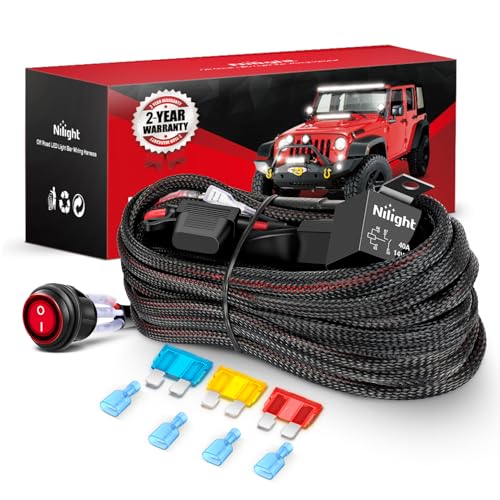 Nilight Nylon Wiring Harness Kit 14 AWG 2 Leads | 12 V On/Off Switch with Power Relay & Blade Fuse for Off Road LED Light Bar on Cars Jeep Boat Trucks - color: 14AWG-2 Lead-Nylon Wire Loom