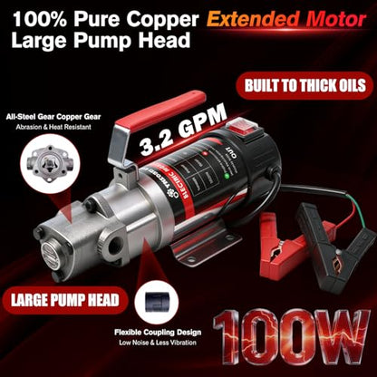 Oil Change Pump, 3.2 GPM Self Priming Gear Pump, 24V Electric Oil Transfer Pump with 10FT Steel Wire Hose, Rugged Metal Gears for Marine Boat Truck Excavators Industrial Machinery - color: with Hose
