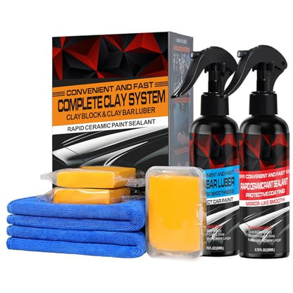 Heavy Duty Car Clay Bar Kit with Ceramic Coating Spray - Auto Detailing Clay System with Clay Block, Synthetic Lubricant & Rapid Ceramic Paint Sealant for Maximum Gloss & Unmatched Smoothness