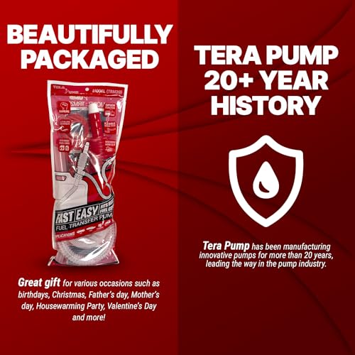 TERA PUMP Manual Siphon Fuel Transfer Pump | Gasoline & Diesel Transfer, 3.2 GPM, 3 Different Gas Can Adapters, No Heavy Lifting - size: 3 Gal / Min