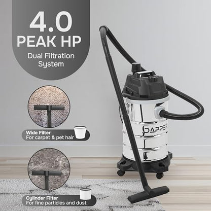 Dapper Supply 10 Gallon 4.0 Peak HP Wet/Dry Vacuum, Stainless Steel Tank, 3 in 1 Function Portable Shop Vacuum with Attachments, Ideal for Jobsite, Garage & Workshop. - size: 10 Gal