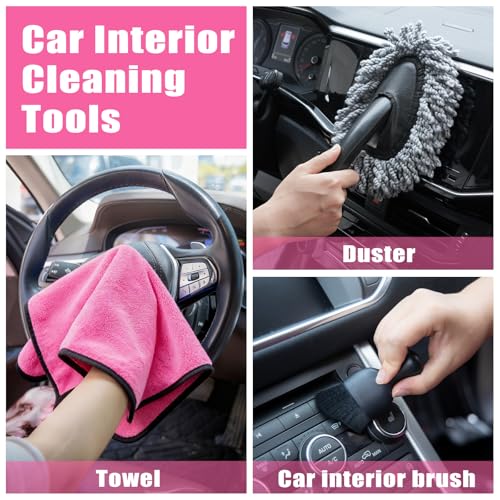 Windshield Cleaner Tool, 17Pcs Car Interior Detailing Kit, Detailing Brush, Towels, Duster, Car Cleaning Kit Interior for RVs, Truck, Trailer (Pink) - color: Pink