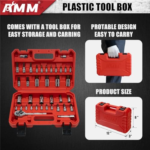 AMM 38PCS Master Allen Socket Set，SAE and Metric Hex Bit Socket Set，1/4"， 3/8"，1/2" Drive，H1.5 ~ H19 & H1/16 ~ H3/4，3/8" Ratchet，Extension Bar and Socket Adapters
