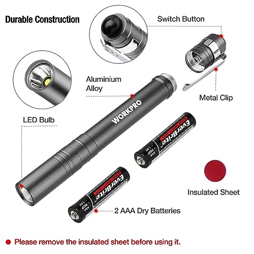WORKPRO LED Pen Light, Aluminum Pen Flashlights, Pocket Flashlight with Clip for Inspection, Emergency, Everyday, 2AAA Batteries Include, Gray(4-Pack) - color: Gray