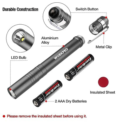 WORKPRO LED Pen Light, Aluminum Pen Flashlights, Pocket Flashlight with Clip for Inspection, Emergency, Everyday, 2AAA Batteries Include, Gray(4-Pack) - color: Gray