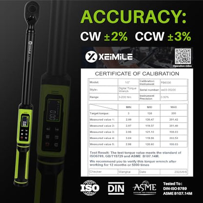 Digital Torque Wrench 1/2" Drive-2.2-147.5Ft.Lb for Car Motorcycle | Electronic Torque Wrench(3-200N.m) ,Vibration Buzzer LED Indicator,±2% Accuracy Five Units for Bike Auto Truck Repair DIY - size: 1/2" 2.2-147.5Ft.Lb
