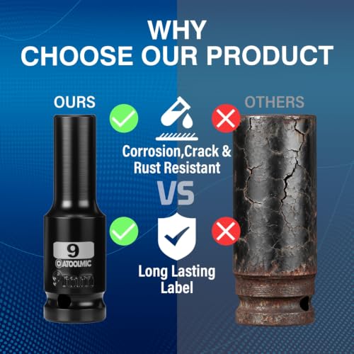 1/2 Inch Drive x 9mm Deep 6PT CR-MO Impact Socket for Removing Axle nut | Metric Socket,6-Point Radius Corner Design,Two Size Markings,Square Chamfered Opening,For Removal of Axle Nut - size: 9 mm, style: 1/2" Drive Deep Socket