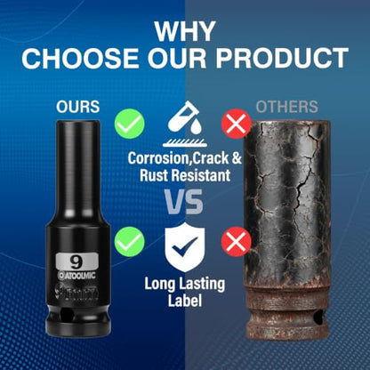 1/2 Inch Drive x 9mm Deep 6PT CR-MO Impact Socket for Removing Axle nut | Metric Socket,6-Point Radius Corner Design,Two Size Markings,Square Chamfered Opening,For Removal of Axle Nut - size: 9 mm, style: 1/2" Drive Deep Socket