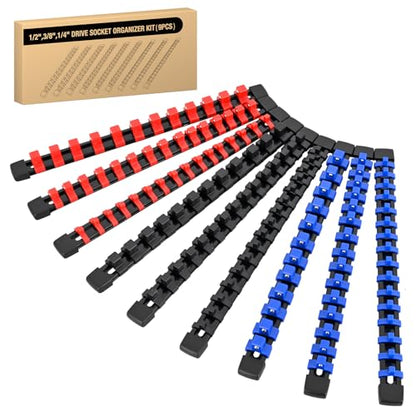 GOOACC Socket Organizer ABS Socket Holder Set 1/4" 3/8" 1/2" Drive Socket Rail Holders Stores up 129 Clips Impact Sockets Organizers Rails for Tool Box Drawer, 9 Piece Blue Red Black - size: Clip Rail 9PC 1/4"3/8"1/2" Blue Red Black