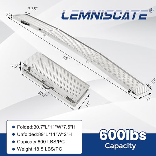 Aluminum Motorcycle Ramps & Loading Ramps for Pickup Trucks - Tri-Fold Lightweight Design for Dirt Bikes, Lawn Mowers, ATVs, 600 lb Capacity, 89"*11", 1PC, Silver
