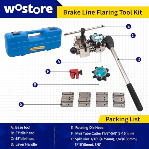 Wostore 45°&37° Brake Line Flaring Tool Kit, Single/Double/Bubble, 5 Dies | 45° & 37° single, bubble & double flare. 5 dies: 3/16-3/8 & 4.75mm. Works on copper, stainless steel & soft metal lines.