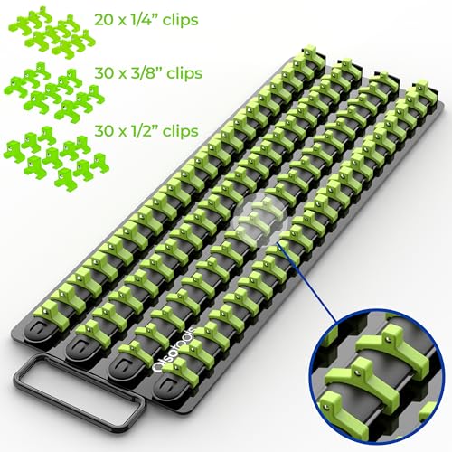 Olsa Tools Portable Socket Organizer Tray - Black Rails with Green Clips - Holds 80 Sockets - Professional Quality Socket Holder - Part 1024 - color: Black Tray/Green Clips