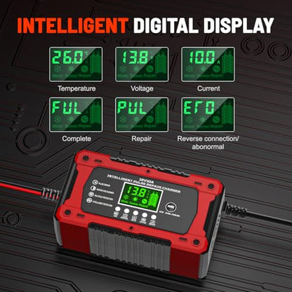 10A 12V Battery Charger for Car Fully Automatic Smart Trickle Charger & Maintainer with LCD Display, Temperature Compensation for Truck, Motorcycle, Boat, Lawn Mower - color: Light Red