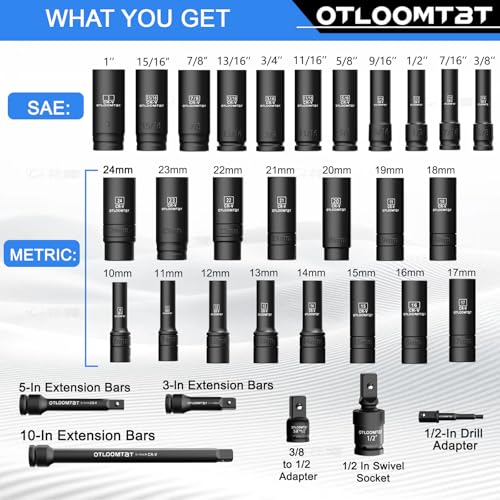 OTLOOMTBT 32PCS Impact Socket Set 1/2" Drive Metric & SAE Deep Sockets | Heavy Duty CR-V Steel Construction with Extension Bar, 6-Point Design, Laser Markings & Storage Case for Auto Repair - style: 32PCS 1/2" Drive Impact Socket Set (Metric/SAE)