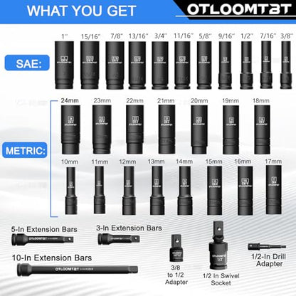 OTLOOMTBT 32PCS Impact Socket Set 1/2" Drive Metric & SAE Deep Sockets | Heavy Duty CR-V Steel Construction with Extension Bar, 6-Point Design, Laser Markings & Storage Case for Auto Repair - style: 32PCS 1/2" Drive Impact Socket Set (Metric/SAE)