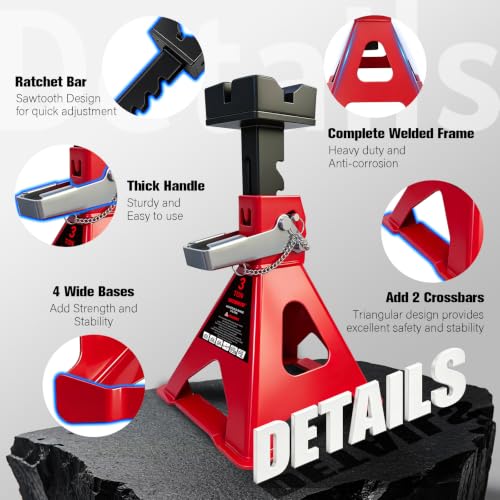 YATOINTO 3 Ton Jack Stands with 2 Crossbars & Double Locking for Car,2-Pack | 11.18"-17.04" 6 Level Adjustable,3MM Rubber Pads Prevent Scratches,Heavy Duty Steel,Red，Trucks,Home,Garage,SUV,UTV/ATV,DIY - color: Red, size: 3 Ton Large Rubber Pads with Cross