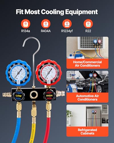 VEVOR AC Manifold Gauge Set for R134a R404A R1234yf R22 Refrigerant, 3 Way AC Gauge with 5 ft Hoses, Adapters, Quick Couplers, Can Taps for Automotive Air Conditioning Maintenance, Charging Evacuation - size: R134a/R404A/R1234yf/R22, style: 3 Way with Box