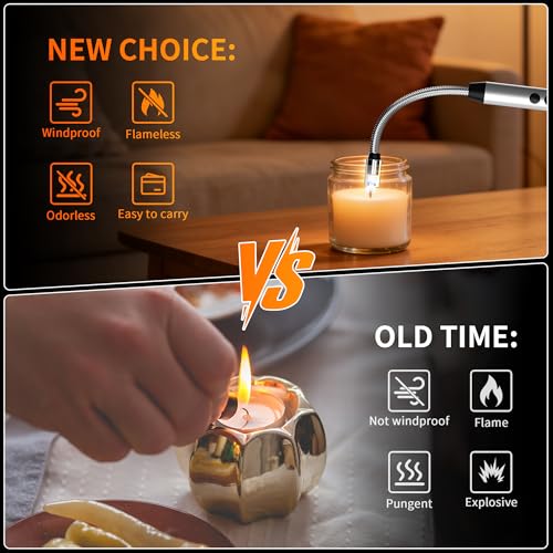 2 Pack Rechargeable Type C Electric Lighters, Flameless and Windproof Candle Lighters with Plasma Arc, 360° Long Reach Flexible Neck & LED Power Display for Candles, BBQ Grill &Camping(Silver) | Flameless, Windproof, Plasma Arc, 360° Long Reach Flexible N