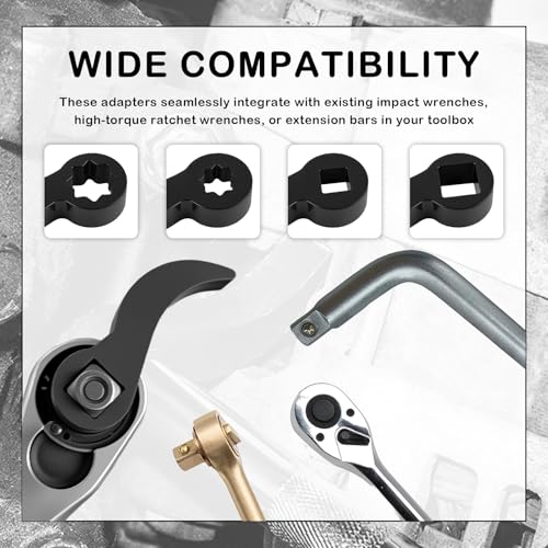 IHOTDER 4PCS Bull Horn Pry Bar Wrench Adapter Set,Adjustable Multi Angle Wrench Adapter with 1/2" Drive & 3/8" Drive,4-Point & 8-Point Ratchet Pry Bar Attachment as CV Axle Removal Tool