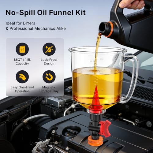 19-Piece Spill Proof Oil Funnel Kit For Automotive Use w/ 12 Adapter, 1.6QT | LOYAMAT Oil Funnel w/ 12 Adapters, 2 Magnetic Trays, 45° Elbows, Filter & Gloves Transparent Body w/Scale & Shut-Off Valve