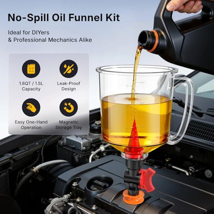 19-Piece Spill Proof Oil Funnel Kit For Automotive Use w/ 12 Adapter, 1.6QT | LOYAMAT Oil Funnel w/ 12 Adapters, 2 Magnetic Trays, 45° Elbows, Filter & Gloves Transparent Body w/Scale & Shut-Off Valve