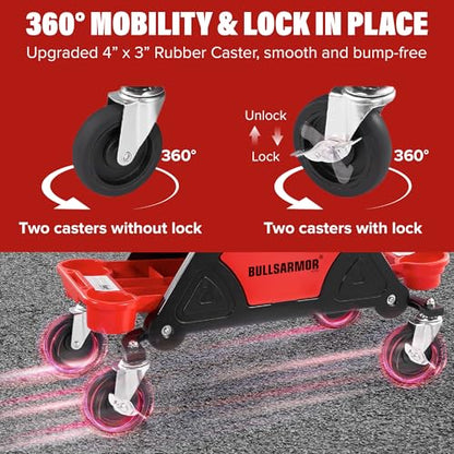 BullsArmor Rolling Mechanic Seat 300 LBS Capacity Creeper Stool with 4” Wheels Locks Heavy Duty Garage Chair with 3 Slide Out Tool Trays Drawer, Auto Repair Detailing Car Wrap Motorcycle Workshop DIY
