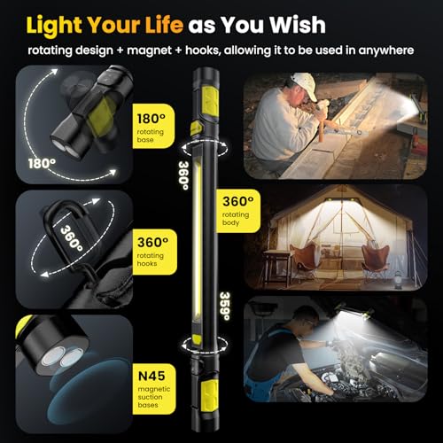 Work Light【AUTO ON/Off】 3000LM LED Work Light 5200mAh Under Hood Working Light with Hooks, Portable Magnetic Rechargeable Cordless Job Site Lighting for Mechanic/Car Repairing/Garage-Yellow