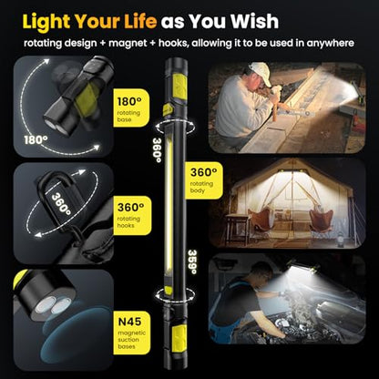 Work Light【AUTO ON/Off】 3000LM LED Work Light 5200mAh Under Hood Working Light with Hooks, Portable Magnetic Rechargeable Cordless Job Site Lighting for Mechanic/Car Repairing/Garage-Yellow
