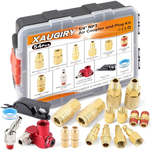 1/4" NPT Air Coupler and Plug Kit, 54-Piece Quick Connect Air Hose Fittings Set for Air Compressor, Pneumatic Tools, M/D Type with 360° Swivel, Teflon Tape & Cutter - color: 54Pcs