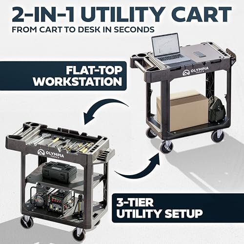 Olympia Tools 2-in-1 Heavy Duty Utility Work Cart, Rolling Tool Cart with Wheels, Convertible 3-Shelf to Flat Top Workstation, 660 Lb Capacity, Black - size: 600 Lb