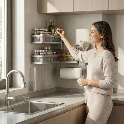 PUSDON 5-in-1 Wide Wall Mount Wrapped Mesh Kitchen Organizer & Shower Caddy Kit, with Paper Towel Holder, Utensil Holder, Soap Dish, Heavy Duty 50LBS - Silver Gray, Netting - color: Silver Grey, size: 5-in-1 Full Mesh (12.6" Wide)