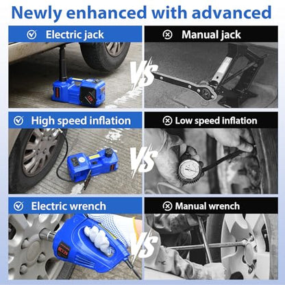 Electric Car Jack kit 5 Ton 12V Electric Floor Jack Lift for Vehicle, Electric Hydraulic Jack Auto Repair Tool Set with Built-in Inflator and Impact Wrench for SUV Sedan Truck Tire Change Blue