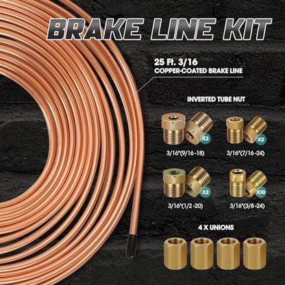 DNA Motoring Brake Line Tubing Kit, 25 Ft. of 3/16 Copper Coated Flexible Tube, Upgraded Brake Line Tube Roll with 16 Fittings and 4 Unions, TOOLS-00773 - style: Upgraded Brake Line Kit