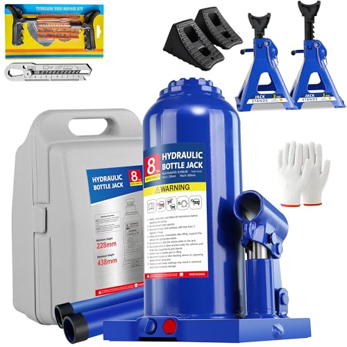 8T Bottle Jack with Tire Kit, Chock & Stands, 16,000 lbs | 8-ton jack , stands , chock and tire kit. 8.98"-17.24" lift. Welded steel for heavy trucks. - color: 8 Ton with Tire Kit + Wheel Chock + Jack Stands