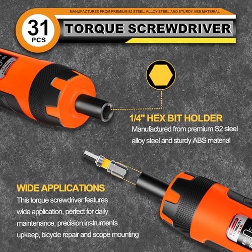 31 PCS 1/4" Drive Torque Screwdriver, 5-55 Inch Pounds Torque Screwdriver Set with S2 Bits and Socket Adapter for Maintenance, Screwdriver Set for Tools, Bike Repairing and Mounting - size: 5-55inch.S
