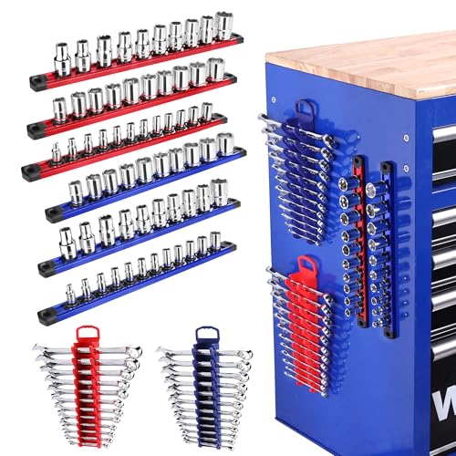 WORKPRO 8-Piece Magnetic Socket Rail and Magnetic Wrench Organizer Set | 6-Piece Socket Organizers, 1/4" 3/8" 1/2" Drive Socket Holders, 2-Piece Wrench Holders, For Metric SAE Wrenches