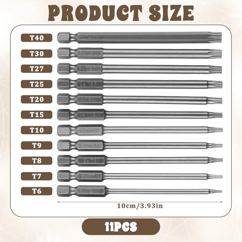 11 Pcs Security Torx Bit Set Tamper Proof Torx Bit Set, Magnetic Star Screwdriver Bits Sets, S2 Steel 1/4 Hex Shank Torque Security Bits T6-T40, 4 Inch Length for Deeper Work