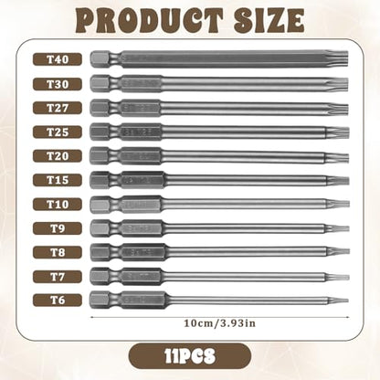 11 Pcs Security Torx Bit Set Tamper Proof Torx Bit Set, Magnetic Star Screwdriver Bits Sets, S2 Steel 1/4 Hex Shank Torque Security Bits T6-T40, 4 Inch Length for Deeper Work
