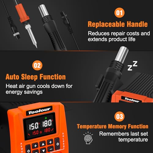 TOOLOUR 2-IN-1 851D Soldering Station, Iron Kit, 302°F-932°F Fast Heating, Hot Air Rework Desoldering Kits includes 9 Accessories, Dual Channel Control, 90-Level Airflow,ESD Save for SMD, PCB, DIY