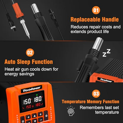 TOOLOUR 2-IN-1 851D Soldering Station, Iron Kit, 302°F-932°F Fast Heating, Hot Air Rework Desoldering Kits includes 9 Accessories, Dual Channel Control, 90-Level Airflow,ESD Save for SMD, PCB, DIY