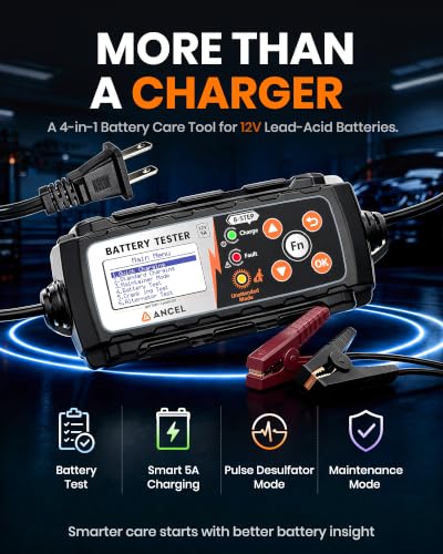 ANCEL BT521 12V Smart Battery Charger and Tester, 5A Lead-Acid Battery Maintainer with Health Test, Cranking Test, Charging System Test, Pulse Desulfator for Car RV Boat Motorcycle Lawn Mower