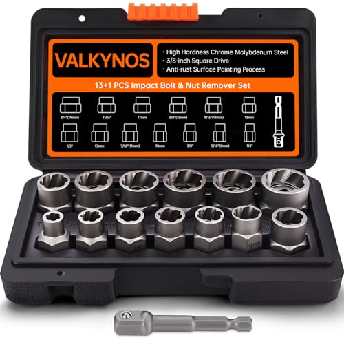 Valkynos Bolt Extractor Kit 14 Pcs | Hex Drive, Cr-Mo Steel, Stripped Removal Set, Easy Out Remove Rusted, Frozen, Damaged, Rounded-Off Bolt Nut Screw