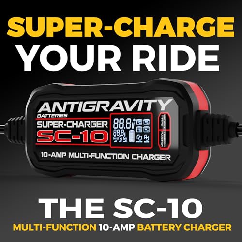 Antigravity SC-10 Super-Charger 10A Smart Battery Charger & Maintainer for 6V/12V Lithium (LiFePO4) & 12V Lead-Acid Batteries – Wall-Powered, LCD Display, Power Supply Mode, BMS Reset