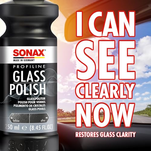 SONAX PROFILINE GlassPolish (250 ml) - removes slight scratches, blinding and etching from car windows made from glass. Silicone free | Item No. 02731410 | For removing slight scratches, blinding and etching from windscreens and side windows made from gla