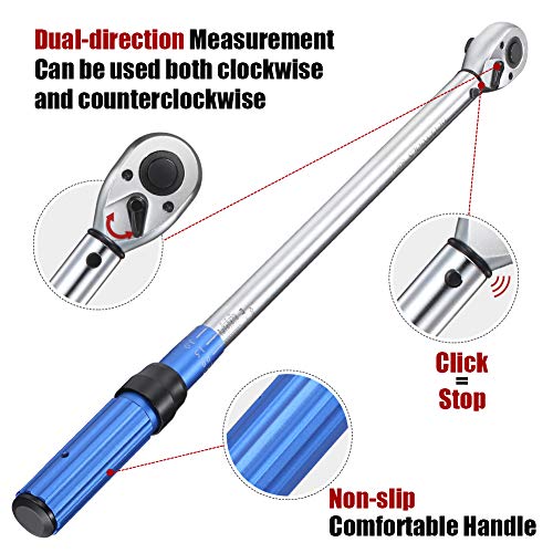 BULLTOOLS 1/2-inch Drive Click Torque Wrench Set Dual-Direction Adjustable 90-tooth Torque Wrench with Buckle（25-250ft.lb / 33.75-337.5Nm）