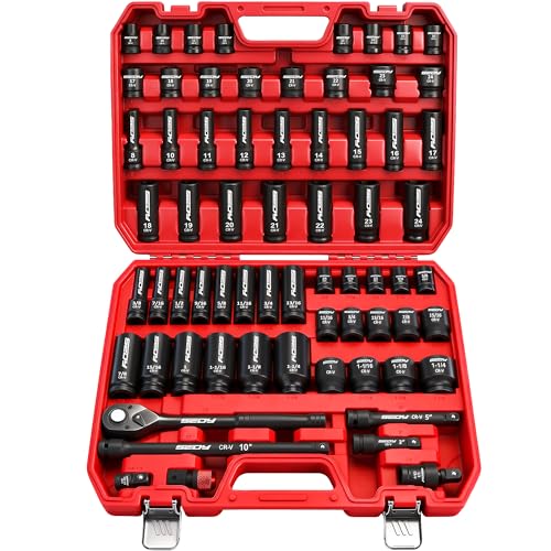 Master 1/2" Drive Impact Socket Set, 67-Piece Standard & Deep Master Impact Socket Set SAE 3/8"-1-1/4" & Metric 8-24mm Socket Set with Ratched Hand, Extension Bar, Reducer, Impact Universal Joint,Cr-V - style: 1/2" | 67-Piece Master Set