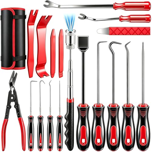 DWH 18 Pcs Precision Pick and Hooks Set, Auto Body Tool Kit with Scraper Telescoping Magnetic Pickup Tool Panel Clip Plier Fastener Remover, Metal Plastic Trim Tools, Automotive Mechanic Bag - color: red