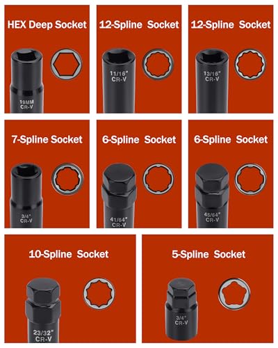 Lug Nut Socket Set, 8PC SAE & Metric Wheel Lock Removal Key Kit | Spline and Spike Lug Nuts, Locking Lug Nut Removal Tool, Aftermarket & Factory Wheel, High Strength CR-V Steel Material - size: 8 PCS Spline Socket Set