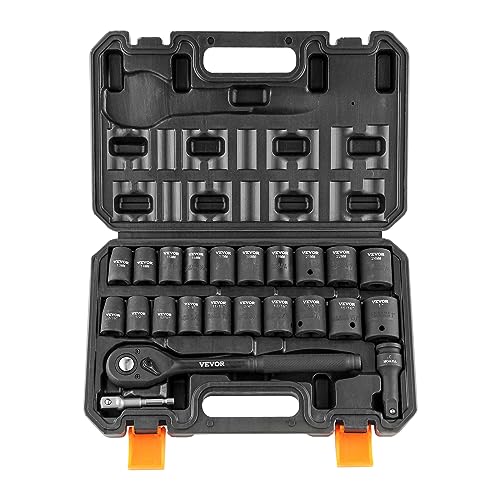 VEVOR 1/2" Drive Impact Socket Set, 23 Piece Socket Set SAE （7/16" -1"）& Metric （13-24mm）6 Point Cr-V Alloy Steel for Auto Repair with Ratchet Handle Rugged Construction Storage Case - style: 1/2" 23PCS